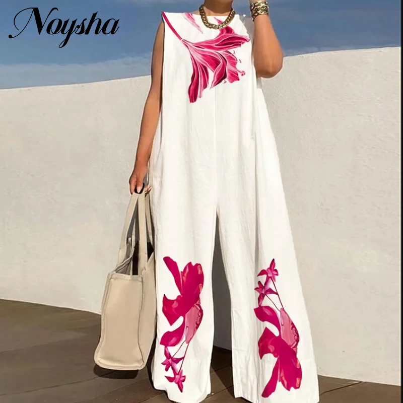 

Ladies Street Fashion Printed Loose Jumpsuit Elegant O-Neck Sleeveless Long Jumpsuit Summer Fashion Printed All-in-One Pants