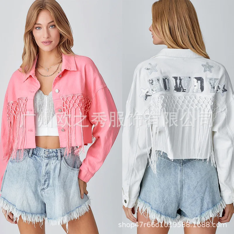 

Women's Cropped Denim Jacket Letter Sequins Tassel Jacket Long Sleeve Jean Coat Fall Casual Button Down Loose Outerwear