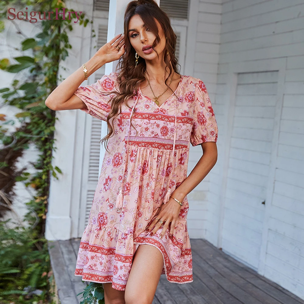 

SeigurHry Women Loose Swing Dress Casual Floral Print Tie V Neck Short Sleeve Summer Boho Beach Mini Robes Bohemian Vestidos