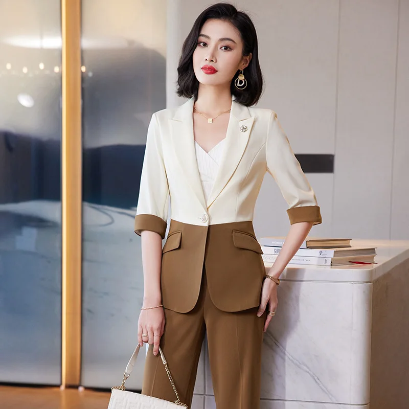 IZICFLY New Style 2023 Summer Half Blue Black Patchwork Business Suits Slim Office Blazer Pant Sets For Women Work Wear Uniform