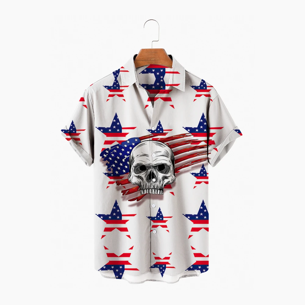

Модная рубашка с американским флагом, летняя повседневная Этническая рубашка с коротким рукавом, гавайская Мужская рубашка с отворотом и о...