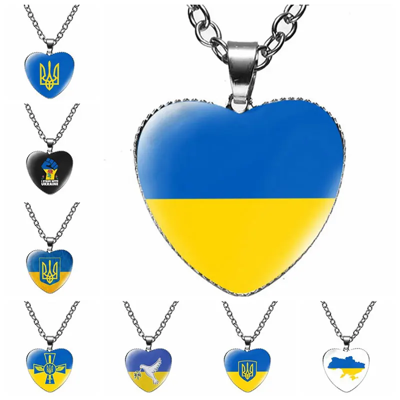 

Ukraine Flag Heart Necklace Crystal Ukrainian National Symbol Glass Cabochon Pendant Choker Necklaces for Women Jewelry Gifts