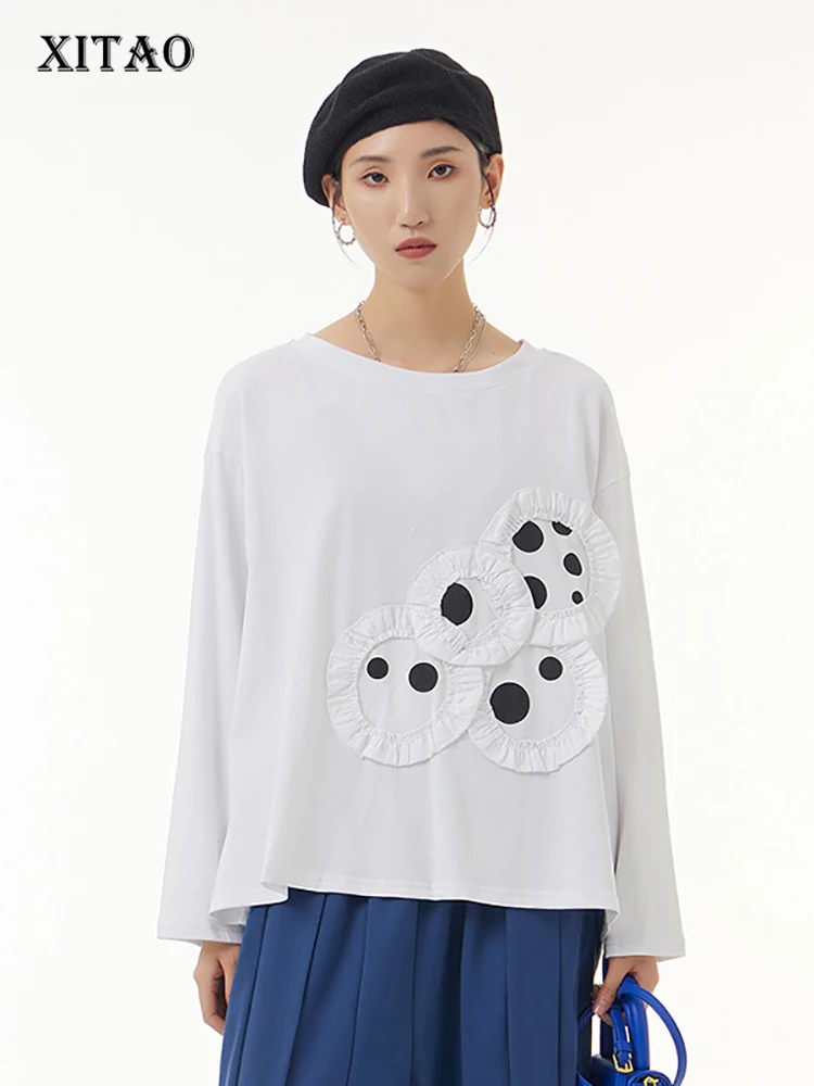 

XITAO Fashion Casual T-shirt Loose Irregular Contrast Color Print Dot Splicing Decorate Autumn New Loose Casual Women ZY7879