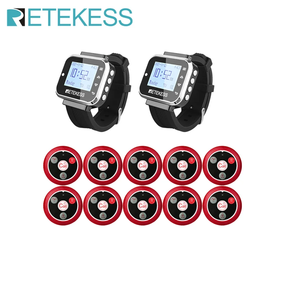 Retekess Restaurant Pager Wireless Waiter Calling System 2 TD110 Watch Receiver + 10 T117 Call Button For Hookah Cafe Bar Clinic