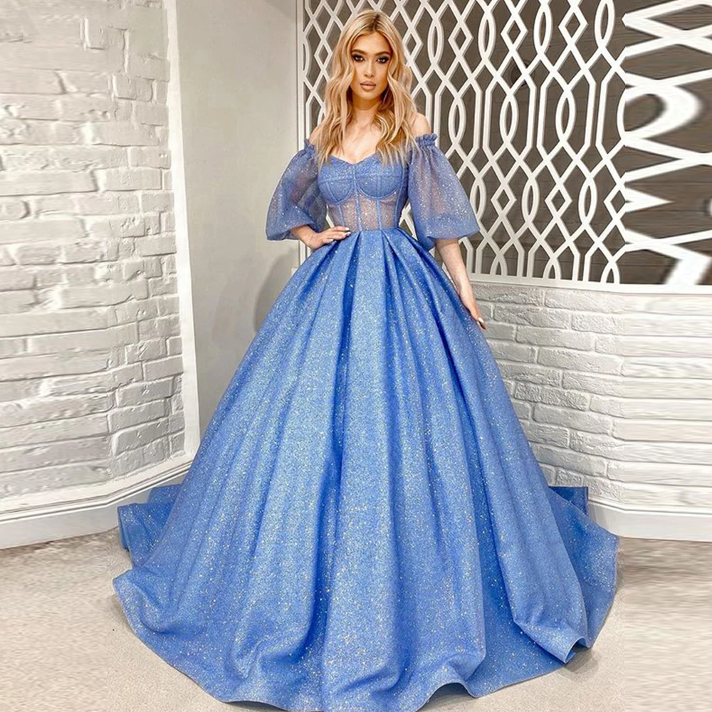 

GUXQD Bridal Glitter Long Prom Dresses Evening Dress V Neck Short Sleeves Sparkly Ball Gown Party Prom Gowns Robe De Mariee