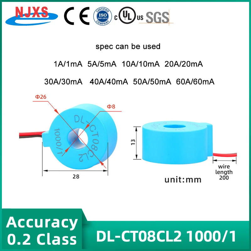 

NJXSE DL-CT08CL2 1000/1 2000/1 трансформатор тока AC 1A 5A 10A 20A 30A 50A 60A микро прецизионный тороидальный трансформатор тока