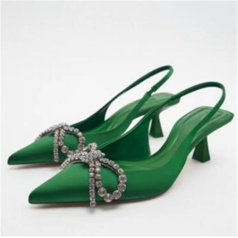 

Women Green Rhinestone Bow High Heels Butterfly Heel Shoe Woman Spring Summer 2022 Women's Wedding Pumps Slingback Heels