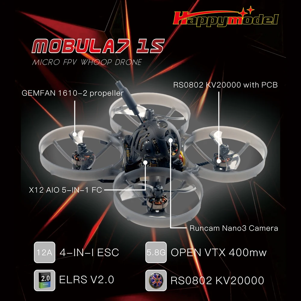 HappyModel Mobula7 1S X12 5 в 1 Контроллер полета AIO BLHELIS 12A OPENVTX 400 МВт Runcam Nano3 RS0802 KV20000 1S 75 мм FPV Tinywhoop
