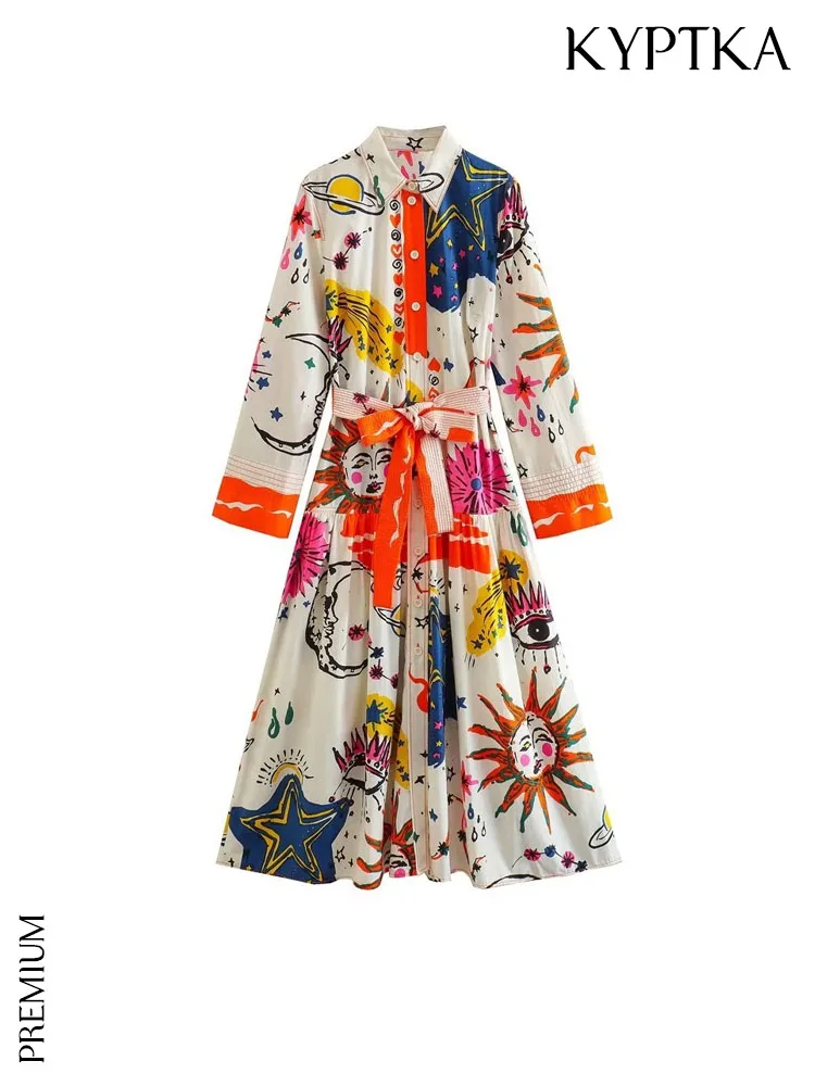 KYPTKA Women Fashion With Belt Printed Midi Dress Vintage Long Sleeve Button-up Female Dresses Vestidos Mujer