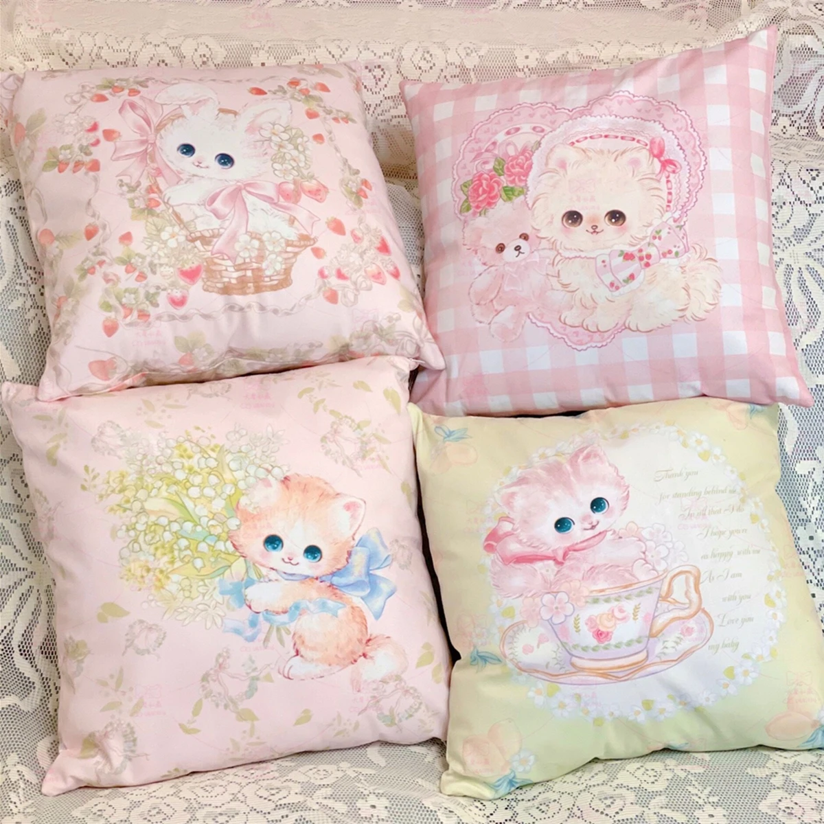 4pcs Cute Little Cat Cushion Cover Cute Cartoon Pink Pattern Square Pillow Cover Peach Skin Pillow Cover Home Decor