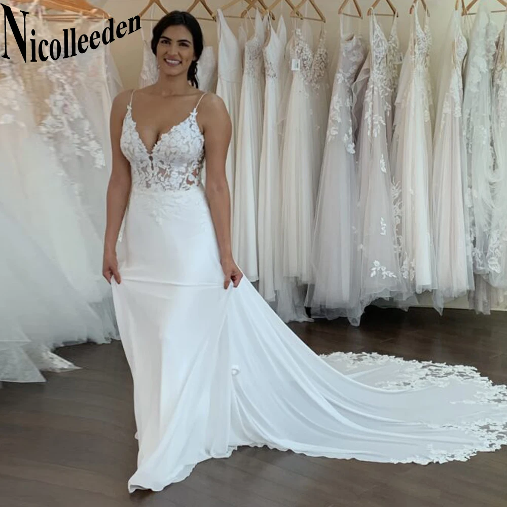 

Nicolle Spaghetti Straps Wedding Dresses For Bride Backless Vintage Chiffon V-Neck Appliques Court Train Lace A-LINE Customised