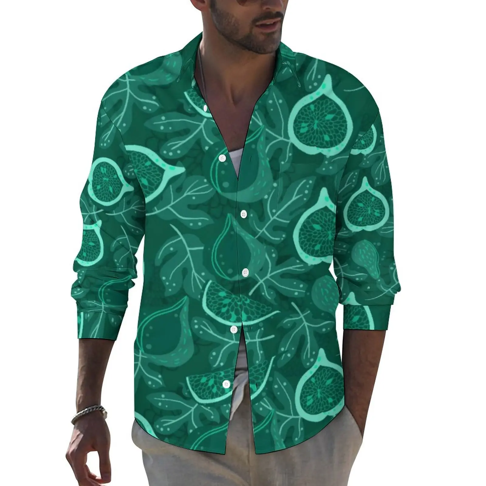 

Fig Fruit Print Funny Casual Shirt Mens Green Botanical Shirt Spring Trendy Blouses Long Sleeve Design Oversized Clothes