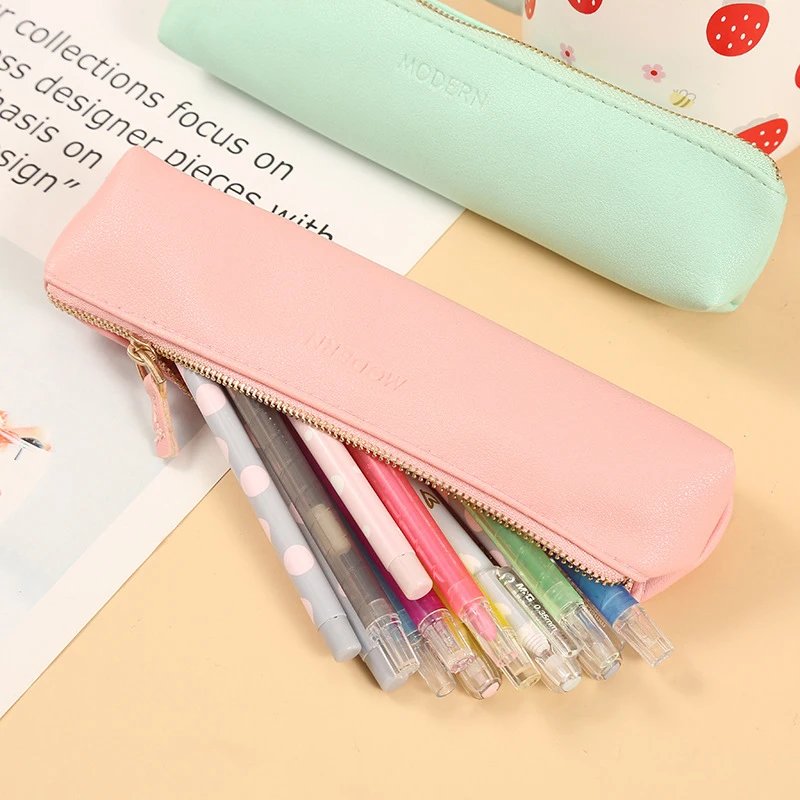 

1Pc Pencil Case Kawaii PU Solid Color Pen Bag Organizer Pouch Holder Stationery Accessories for Gift Office School Supplies 2022
