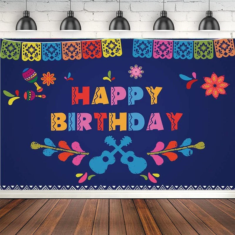 

Mexican Fiesta Birthday Party Photography Backdrop Mexico Guitar Background Cinco De Mayo Colorful Flags Flowers Banner Decor