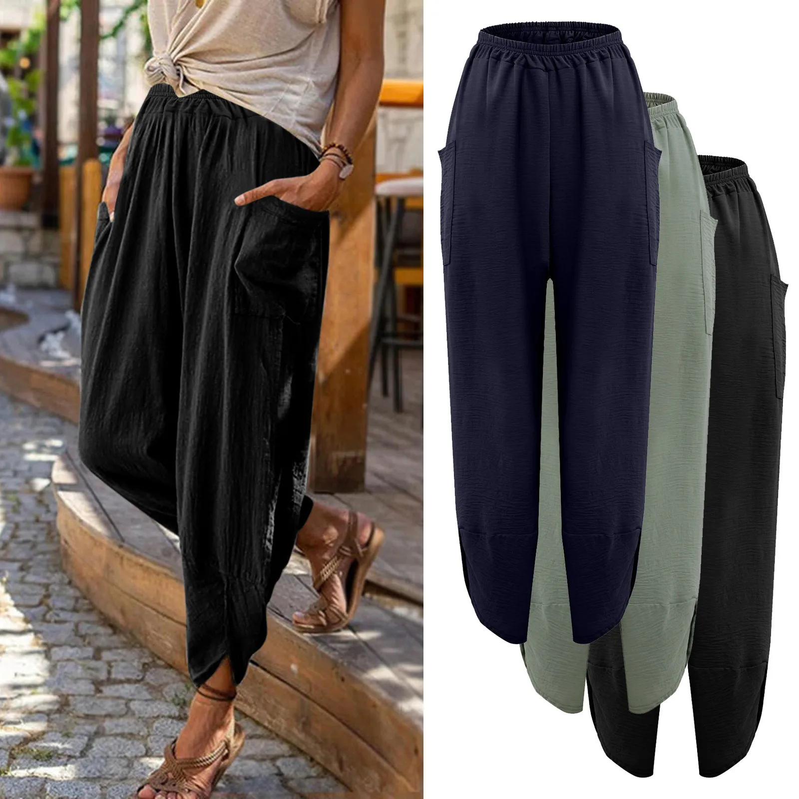 

Travel Pants Women Women'S High Waisted Solid Color Baggy Pants Nine Point Pants Beach Pocket Pants Womens Casual Pants on