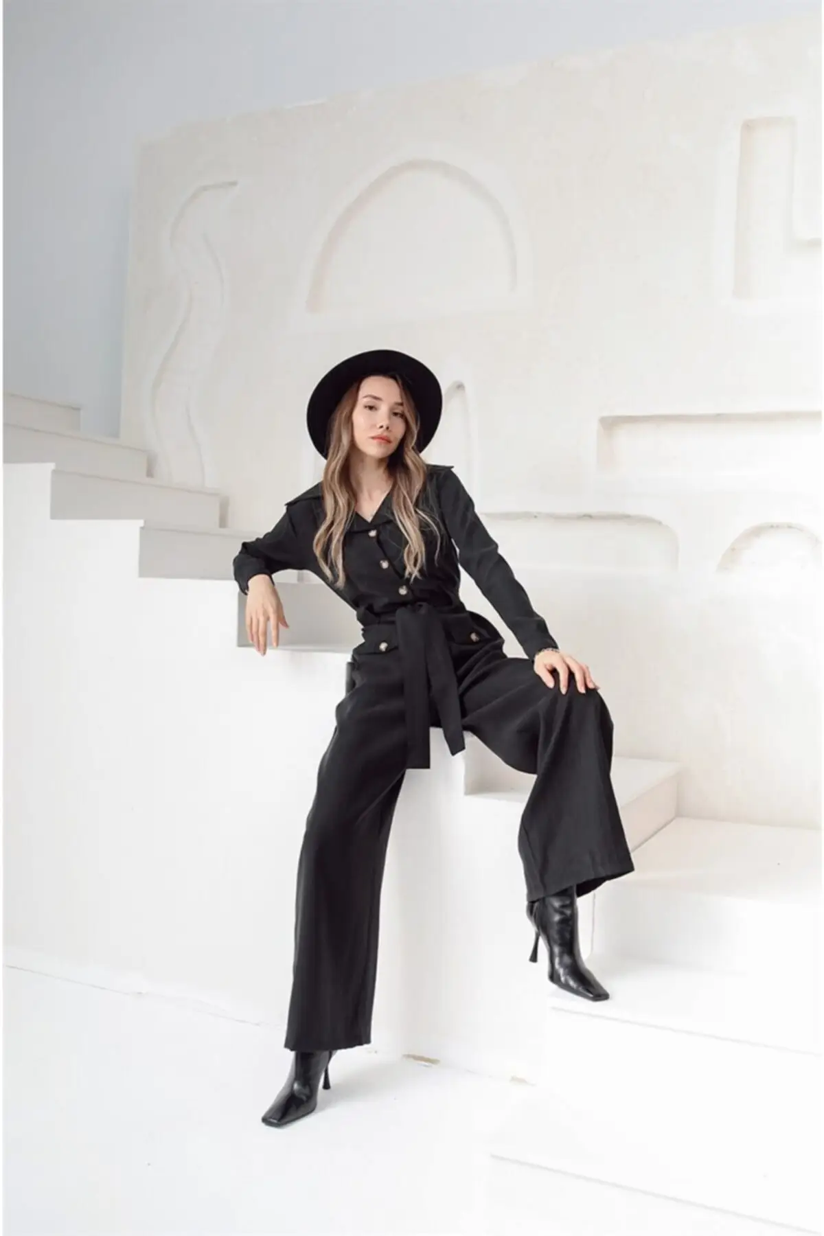 

Women's Overalls Black Front Button Belted Jumpsuit Hot Style Quality Fabric Sleeveless Baggy Trousers Casual Jumpsuit