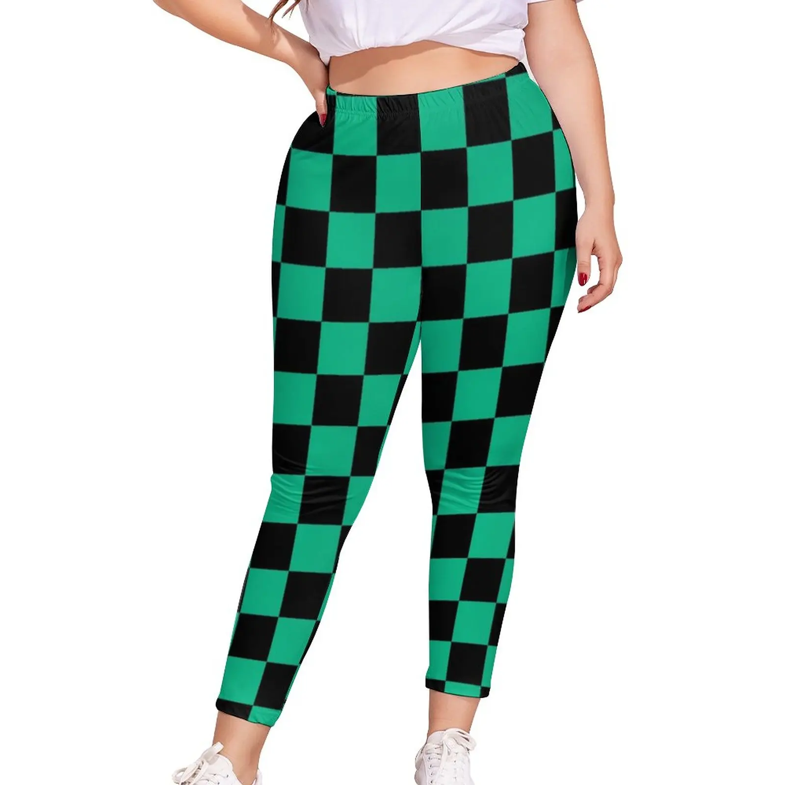 

Green And Black Checkerboard Leggings Retro Square Trekking Legging Women Oversize Fashion Casual Pants