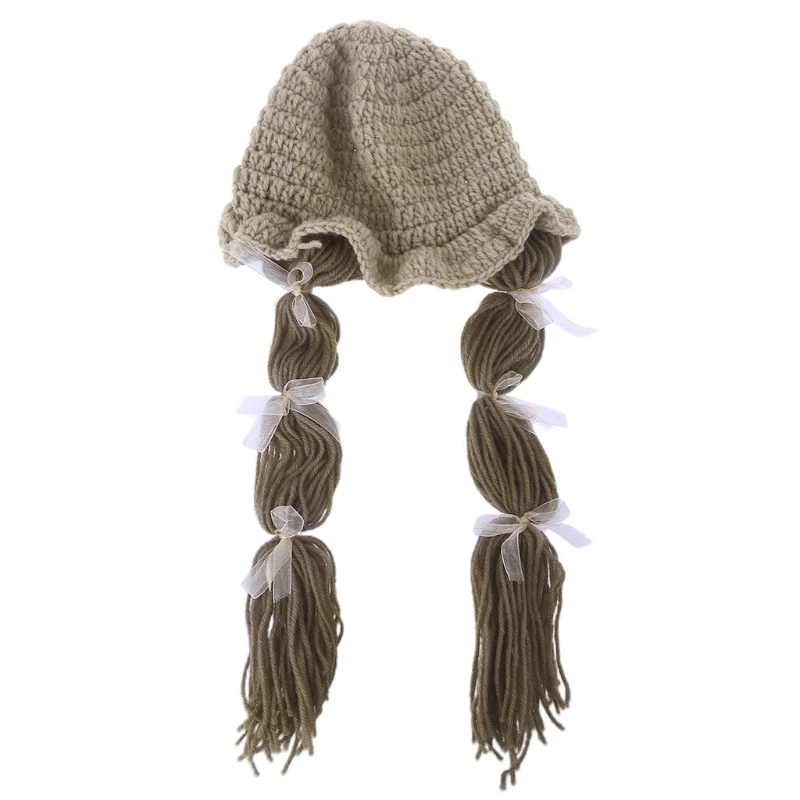 

Autumn Winter Handmade Knitted Baby Girls Wig Bowknot Hat Newborn Wigs Brades Kids Ear Protection Crochet with Plaits Props