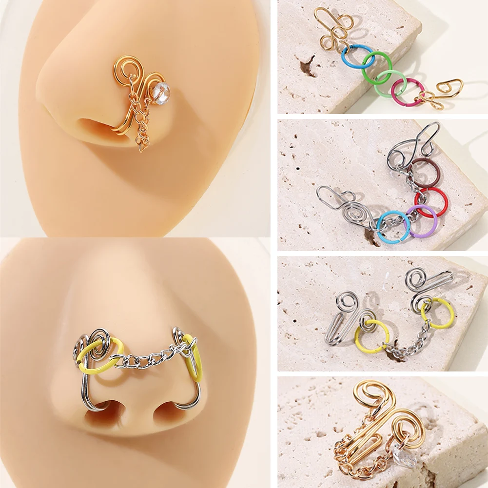 

Stainless Steel Fake Nose Chain Cuff Non Piercing Double Nose Ring Aross Fake Nose Chain Piercing Clip On Faux Nostril Percing