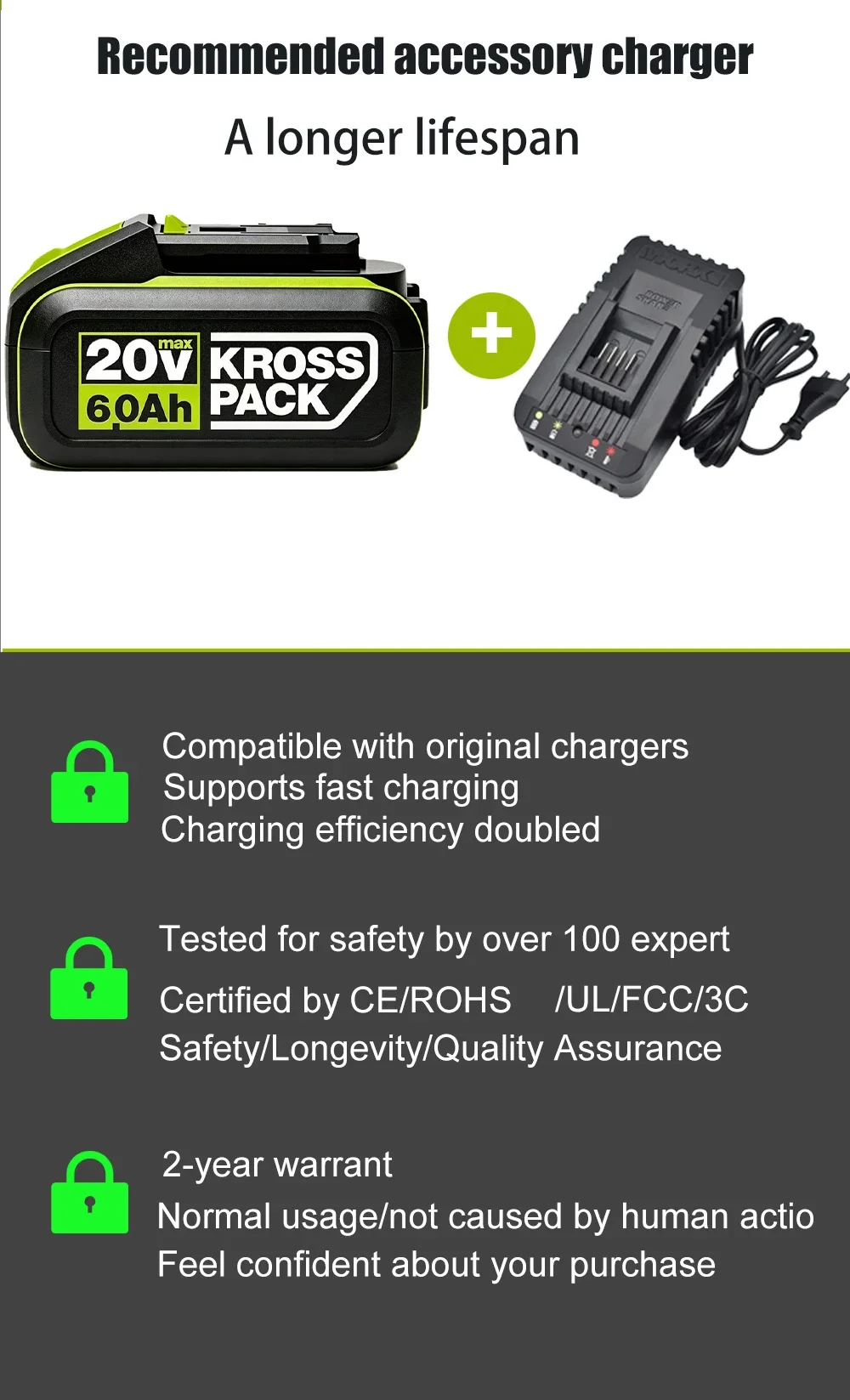 Фото Аккумулятор Li-ion 20V WORX 6.0Ah/8.0Ah 5pin WA3016 WA3023 WA3027 для инструментов Dewalt, совместимый с моделями беспроводных электроинструментов WORX №4