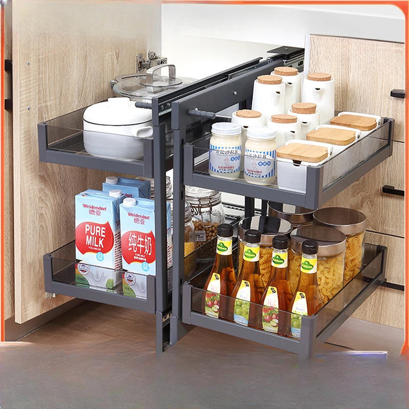 

little monsters, multi-layer storage, dishes, pull baskets, pots and pans, baskets, all pull out of the shelves