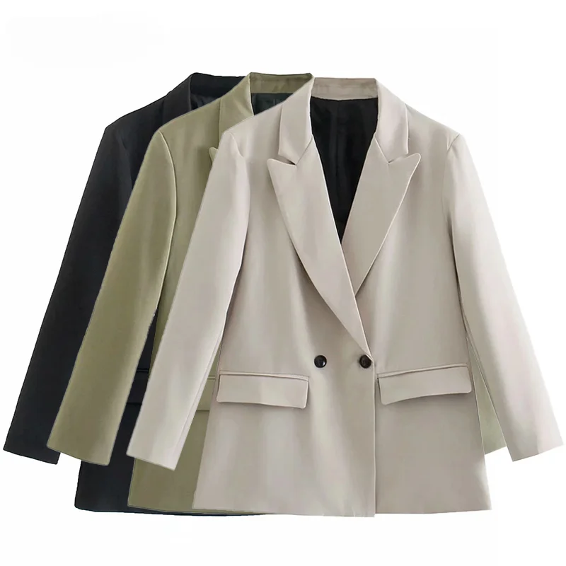 

Women's Clothing Blazers Fashion Double Breasted Loose Coat Vintage Long Sleeve Pockets Female Outerwear All-Match Jackets