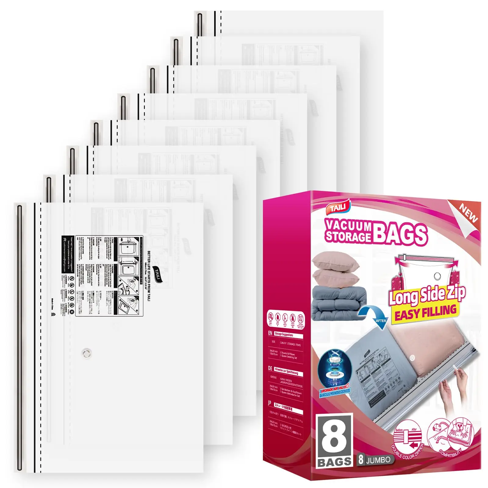 TAILI 8 шт. большие вакуумные пакеты для хранения с длинной боковой молнией
