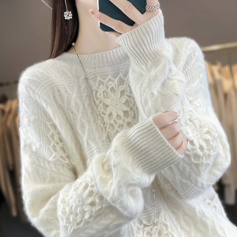 Осенне-зимний женский свитер с круглым вырезом и длинными рукавами