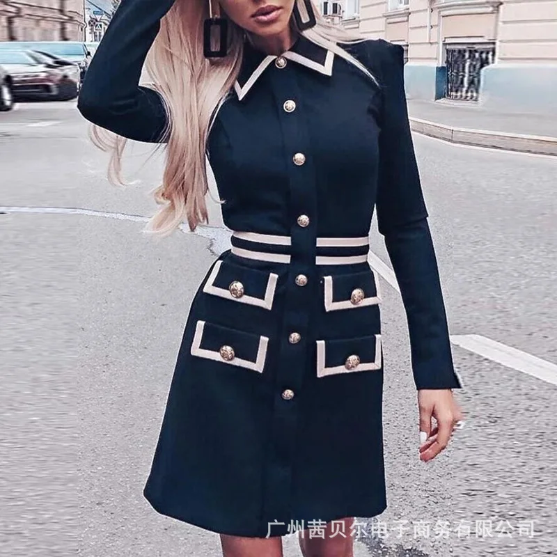 

2023 New Partial Contrast Slim Fit Long Sleeve British Style Professional Dress
