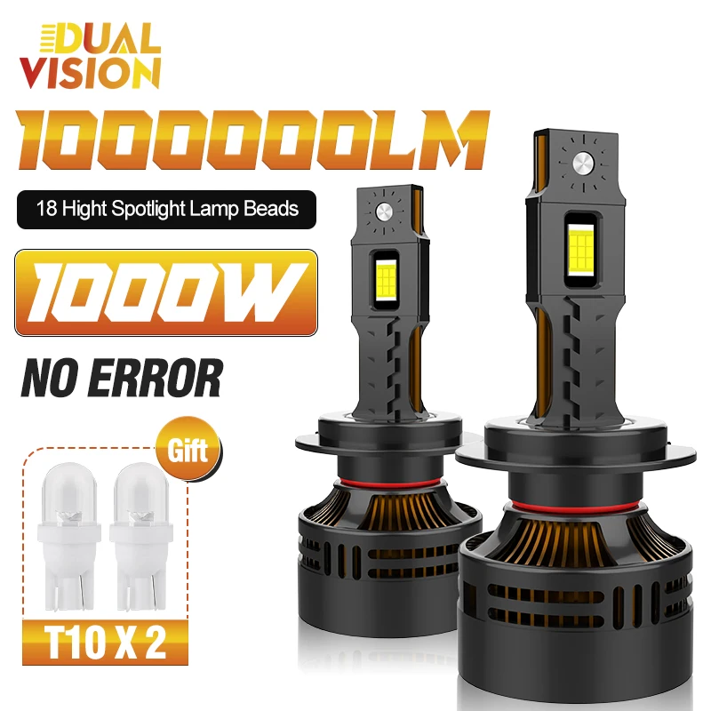 1000W H7 H4 Светодиодная лампа для фар с двойной медной трубкой 100000 LM 6000K