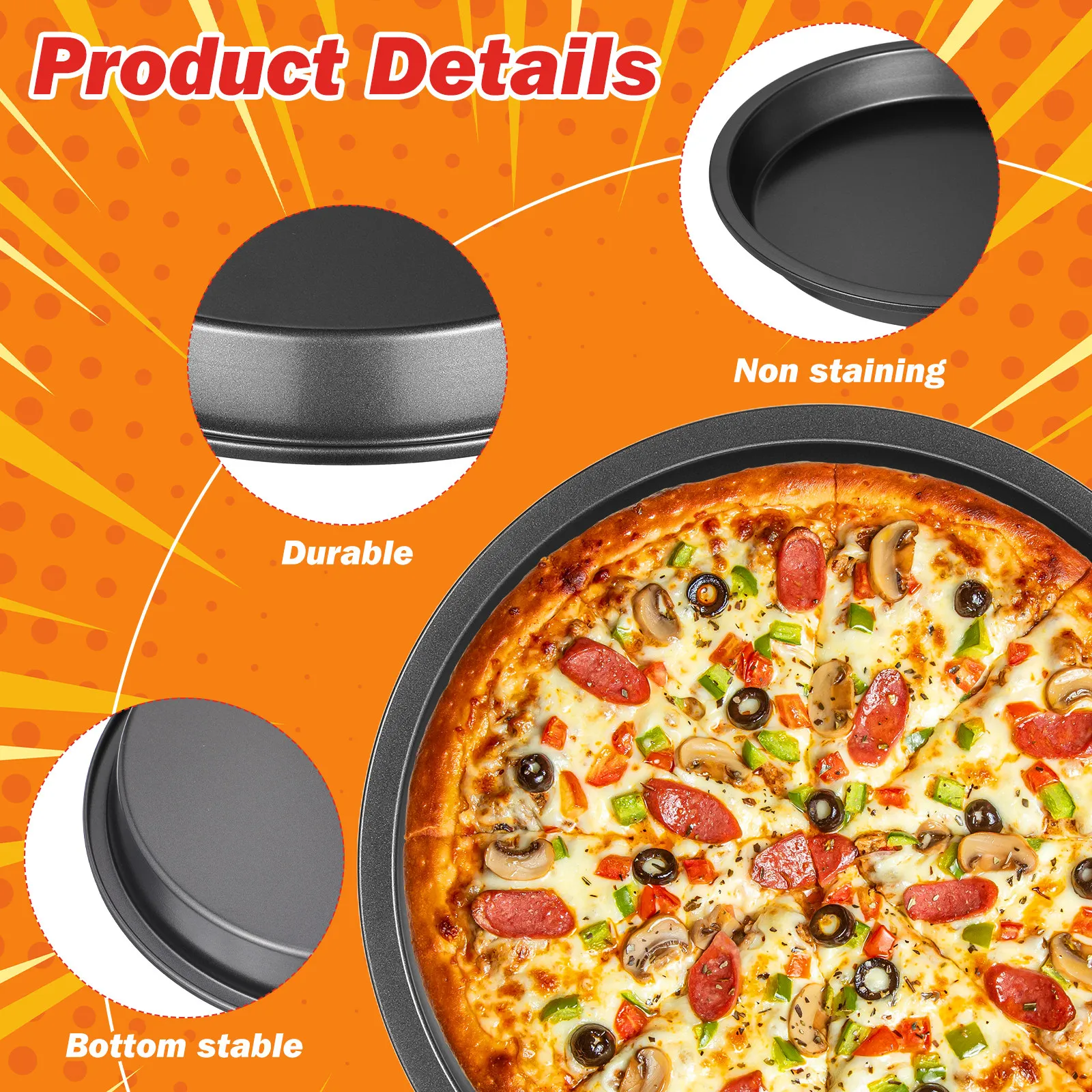 Круглая форма для пиццы из углеродистой стали с антипригарным покрытием, прочная, для выпечки пиццы, тортов, сэндвичей, стейков, сосисок, для ежедневного использования (art.: 3920d9cb421d1) - 3920d9cb421d1