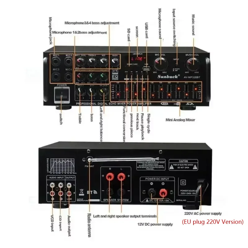 2000 Вт аудио мощность HiFi усилитель 326BT AV усилитель динамик с дистанционным управлением для автомобиля дома поддержка Bluetooth 2.0 канал (art.: 3920d2bc3d257) - 3920d2bc3d257