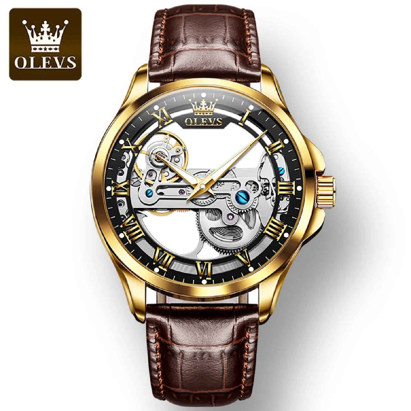 

OLEVS Casual Automatic Mechanical Men Wristwatches Corium Strap Waterproof Full-automatic Hollow-carved Watch for Men Luminous