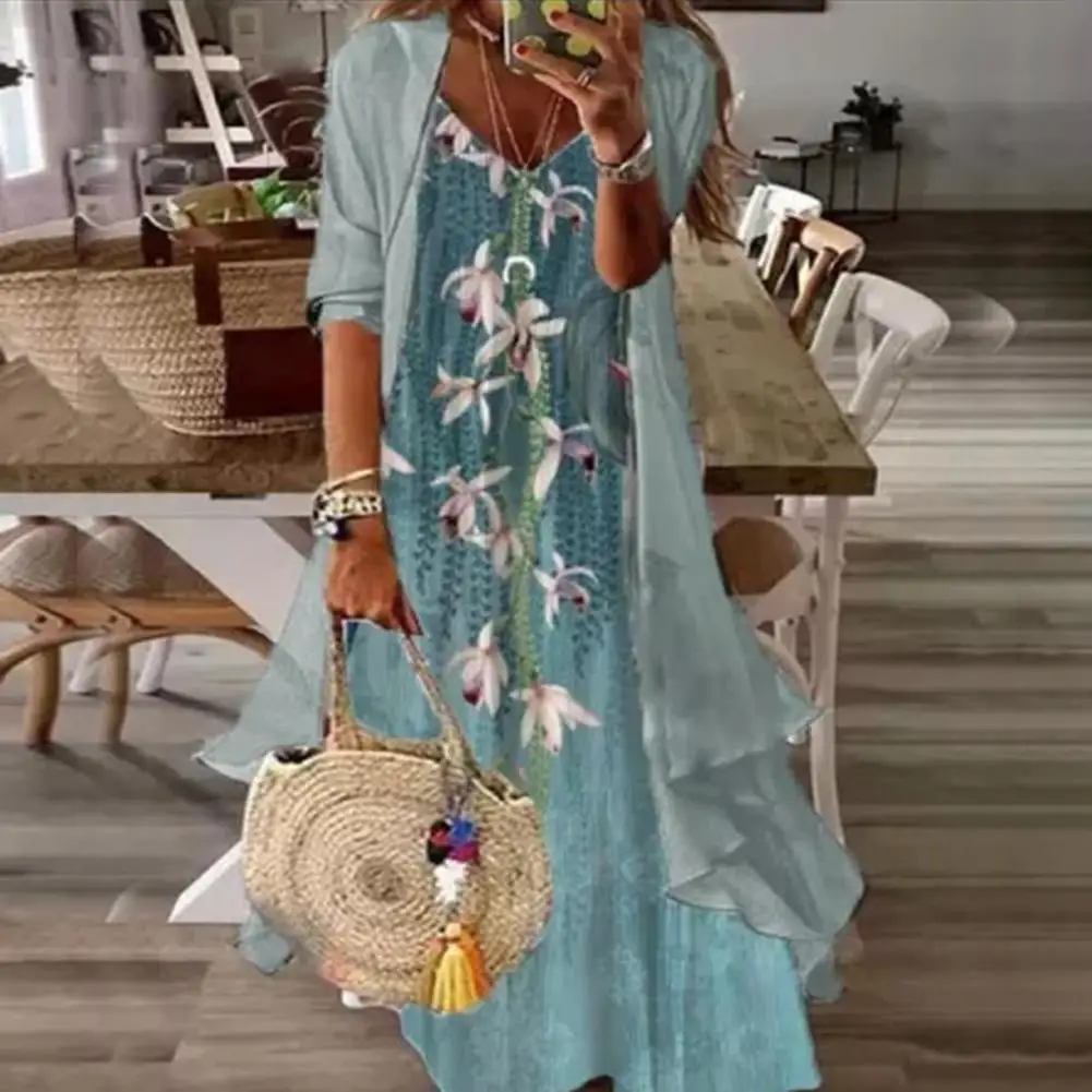 

Dress Long Sleeve Women Dress Comfortable Polyester Mid-calf Length Touch with Shawl Coat for Outdoor