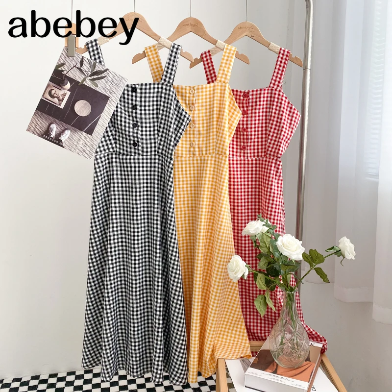 

French square collar sleeveless off shoulder Dress single breasted high waist mid-length Plaid Dress 2022 New Spring Autumn