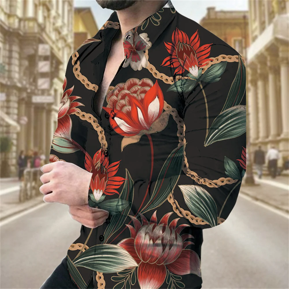 Рубашка мужская с цветочным 3d принтом модная сорочка отложным воротником и