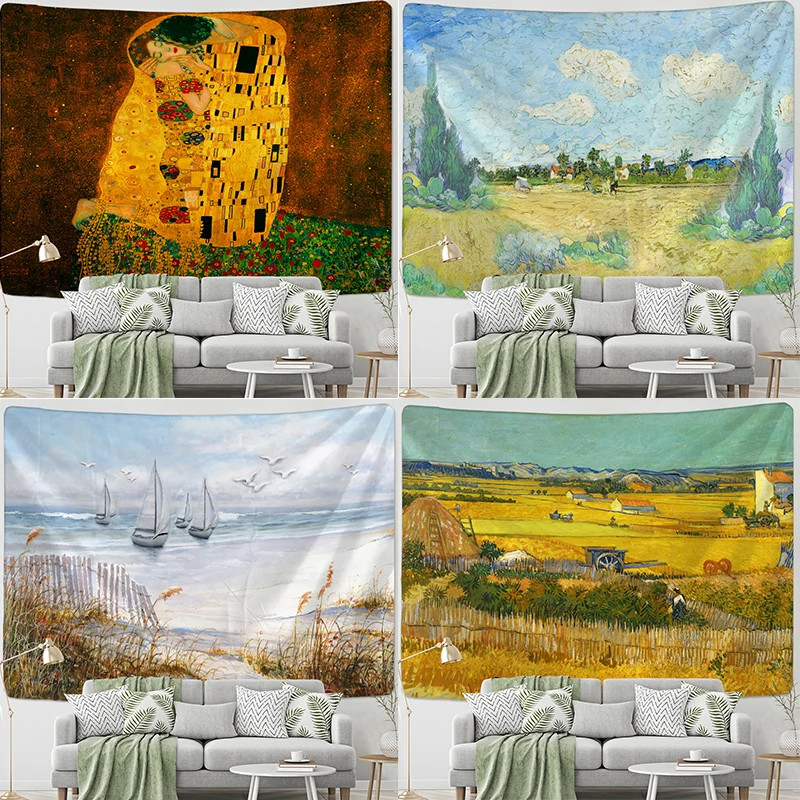 

Customizable Retro Pastoral Oil Painting Tapestry Wall Hanging Hippie Art Mysterious Dormitory Background Cloth Room