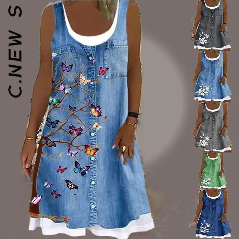 Женское платье до колен с цветочным принтом без рукавов |