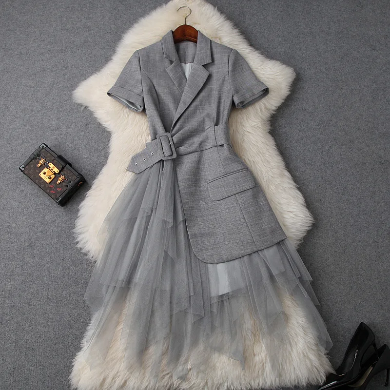 

Midi Dress Female 2023 New Notched Collar Mesh Stitching Long Dress Korean Fashion Office Lady Temperament Evening Party Dress