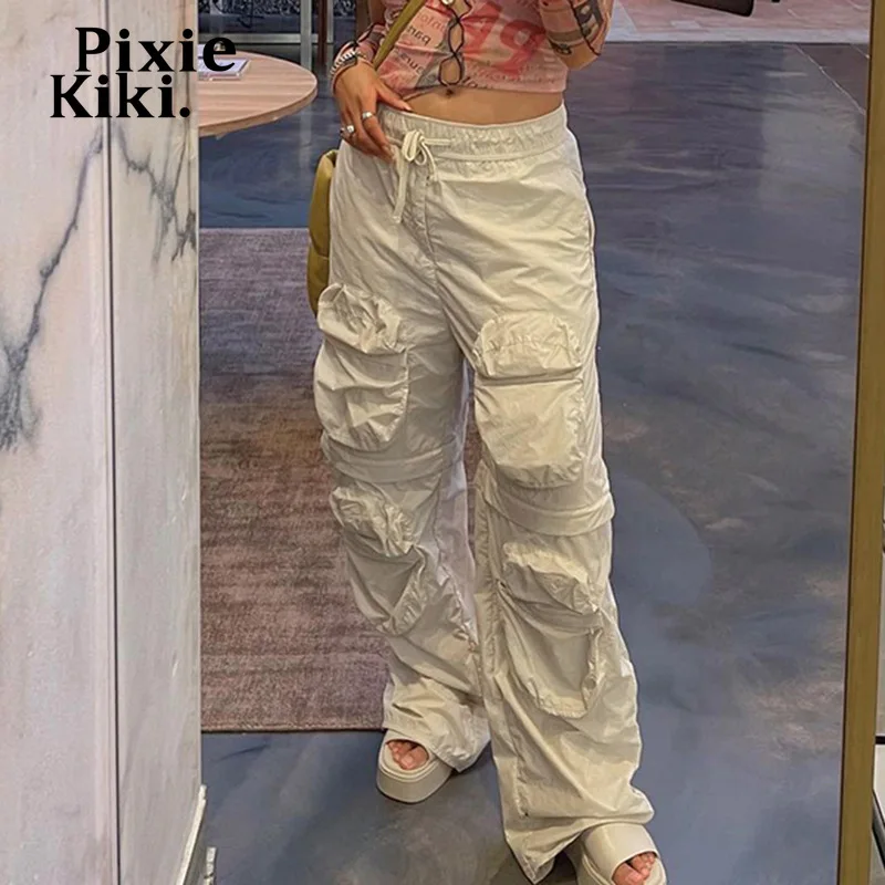 

PixieKiki Baggy Y2k Pants Low Rise with Pockets 2000s Streetwear Drawstring White Cargo Pants Women Wide Leg Trousers P77-FZ35