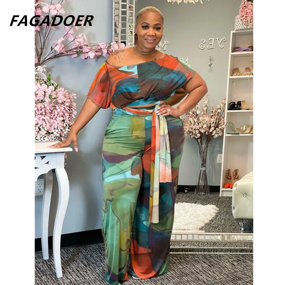 

FAGADOER Casual Plus Size Women Round Neck Lace Up Crop Top And Wide Leg Pants Two Piece Sets Fashion Tie Dye Print 2pcs Outfits