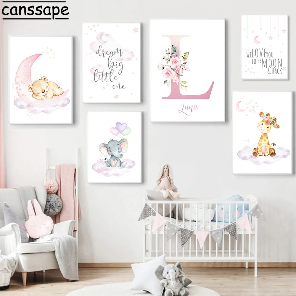 

Nursery Canvas Painting Elephant Bear Wall Poster Custom Name Posters Cloud Moon Prints Nordic Wall Pictures Baby Bedroom Decor
