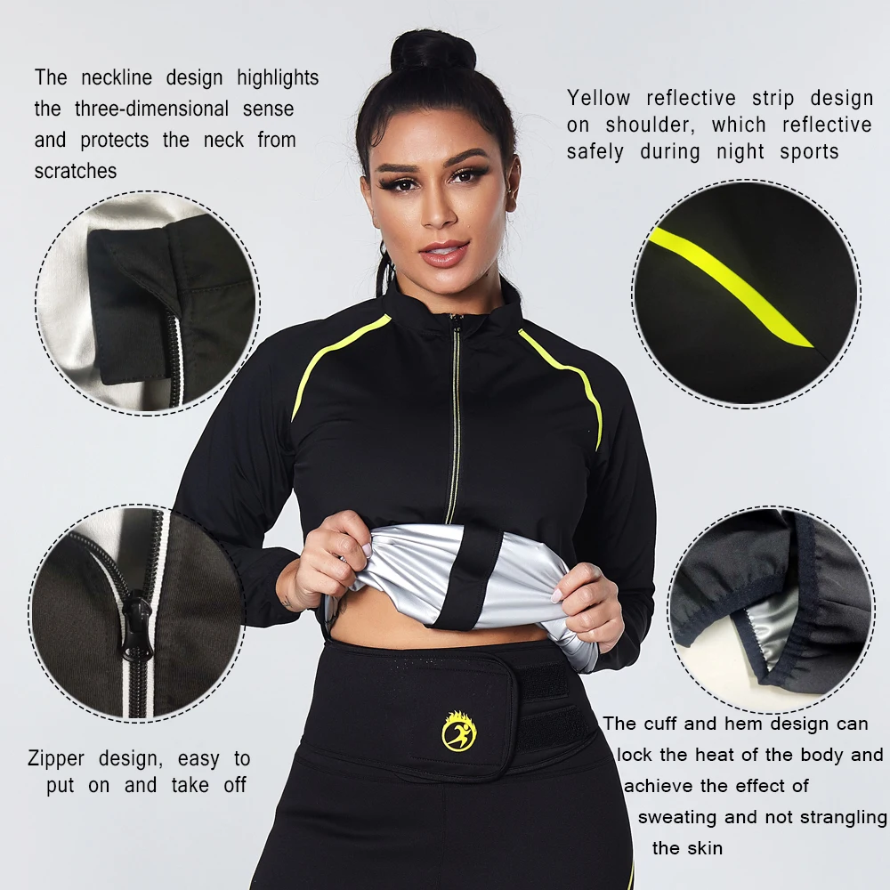 NINGMI Women Sauna Top Zipper Workout Slimming Jacket Weight Loss Hot Sweat Shirts Fat Burning Body Shaper Sportwear Fitness