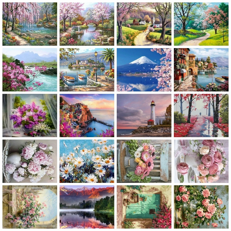 

AZQSD Flower Oil Painting By Numbers For Children Sakura Diy Gift 40x50cm Framed Home Decor Landscape Oil Painting On Canvas