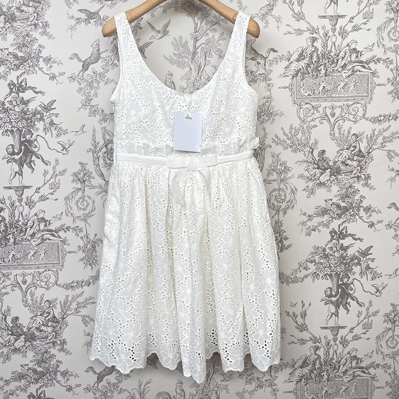

23Summer Women Elegant Embroidery Hollowed Out Sleeveless Cotton Dress Runway Fashion Waist Slim Bow Evening A-line Mini Dresses