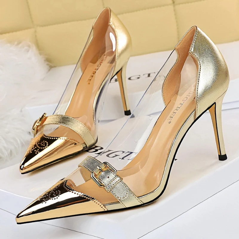 

New Shoes Women Pumps Heels Transparent PVC Heels Ladies Metal Belt Buckle Pumps Shoes Sexy Stiletto High Heel Wedding Shoes