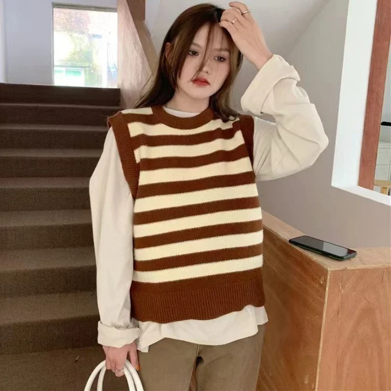 Sweater Vests Women Classic Striped Minimalist Panelled Basic Loose Korean Style Casual Students Autumn Knitwear Popular Design