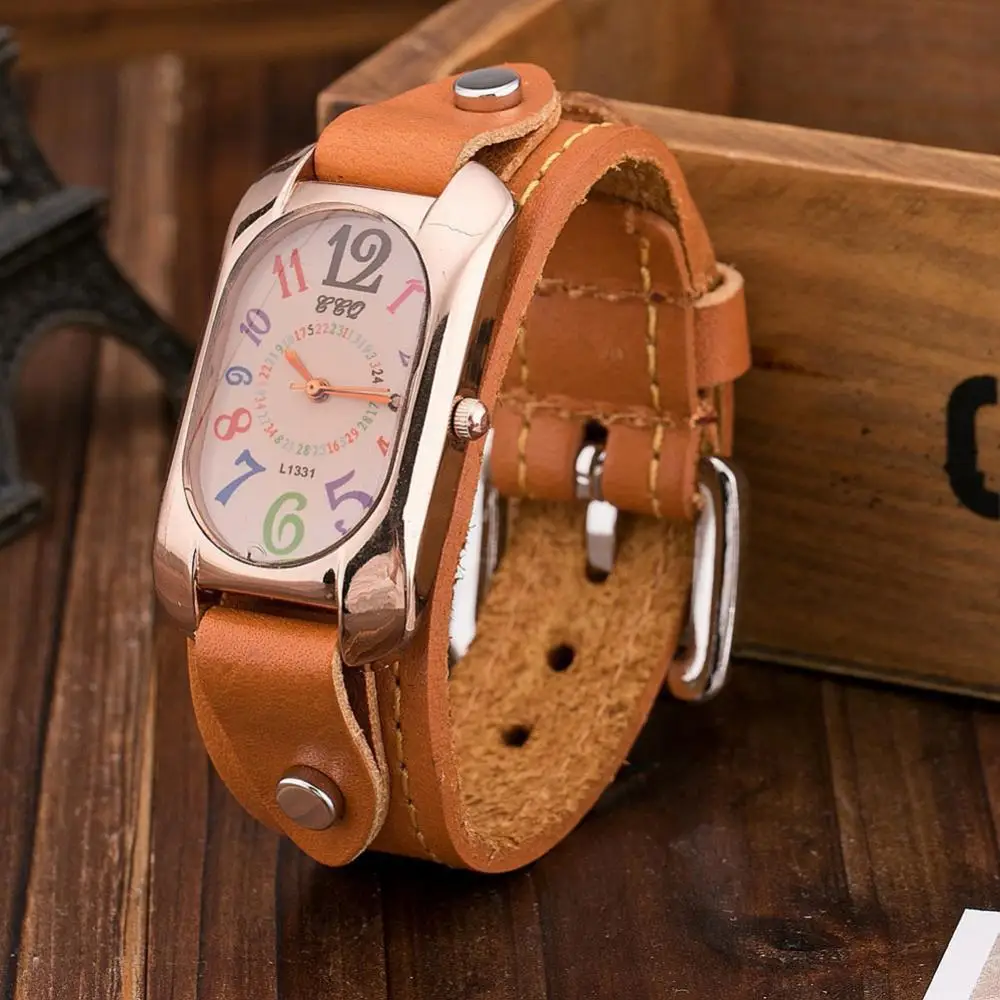 

Женские кварцевые часы из искусственной кожи, многоцветные Аналоговые кварцевые наручные часы с шкалой времени, прямоугольные часы для женщин