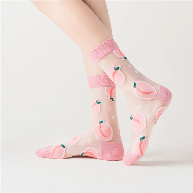 Women students Korea Style Animal Casual Harajuku Transparent Crystal Silk Trend Cartoon Fruit Breathable Glass Silk Socks Meias