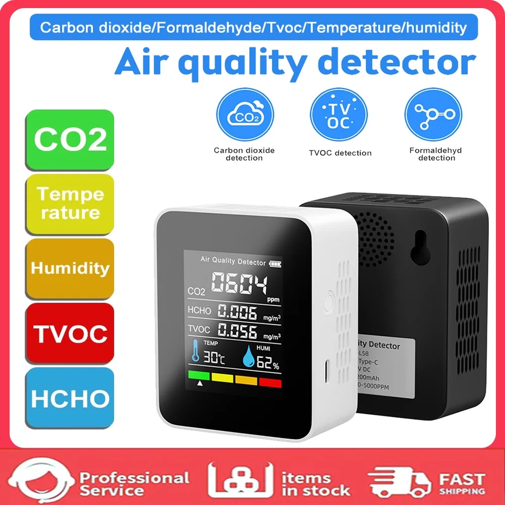 

Five In One CO2 Measuring Instrument Gas Detector Temperature Humidity LCD Digital Multi-function TVOC HCHO Air Quality Monitor